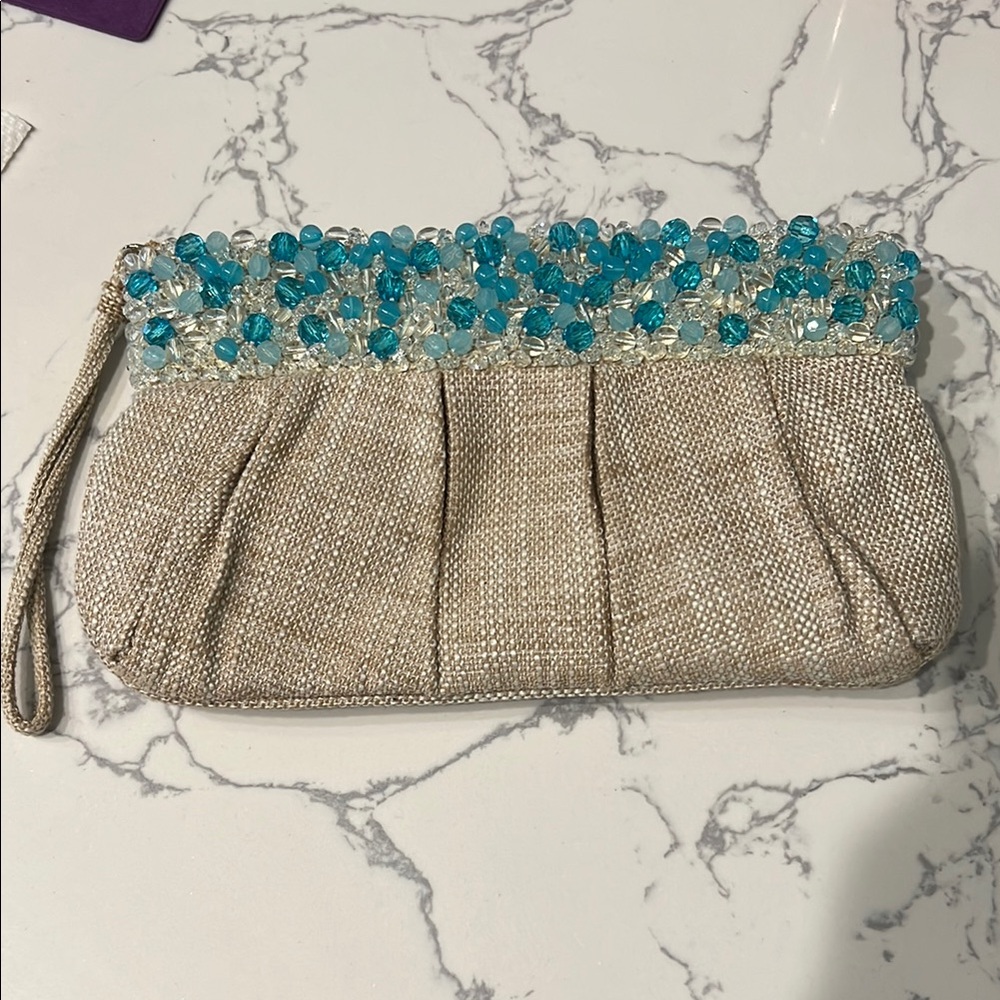 Banana Republic Silver and Blue Beaded Wristlet Clutch